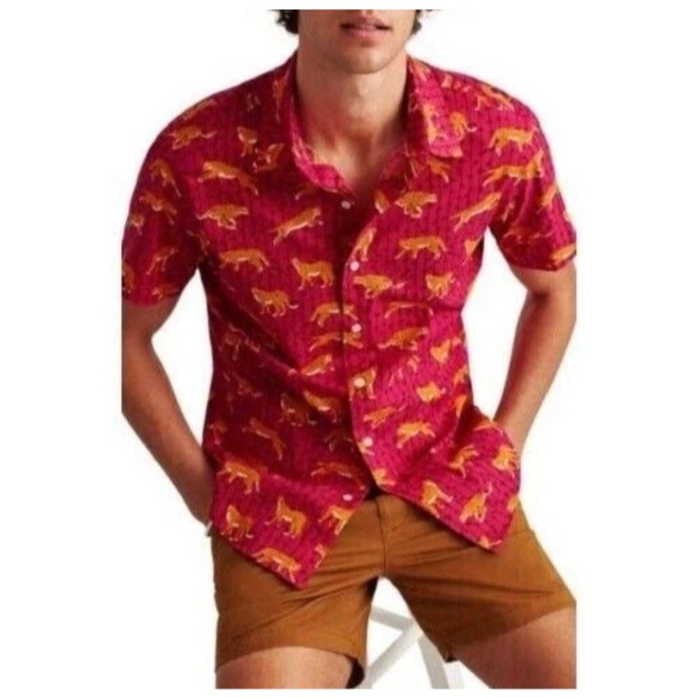 BONOBOS Stretch Riviera Men's Shirt Leopard Printed Pink Slim Fit Medium